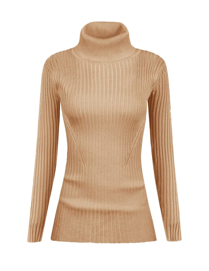 v28 Women Stretchable Turtleneck Knit Long Sleeve Slim Fit Sweater (M,Khaki) - Image 2